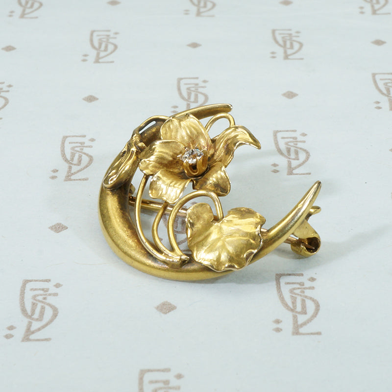 Art Nouveau Crescent Moon Flower Brooch