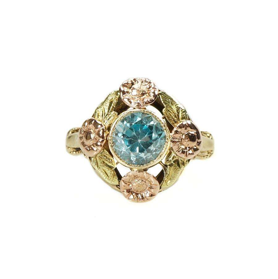Vintage Blue Zircon Ring with Flowers