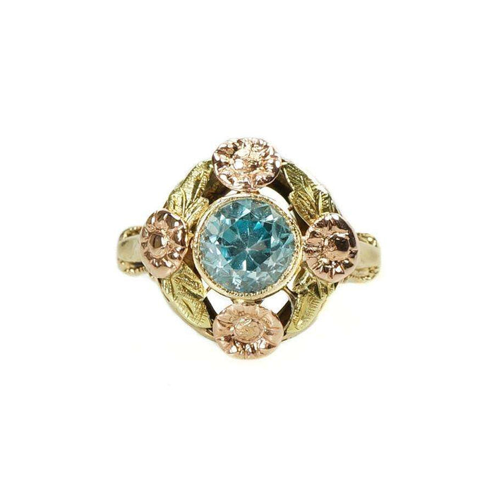 Vintage Blue Zircon Ring with Flowers
