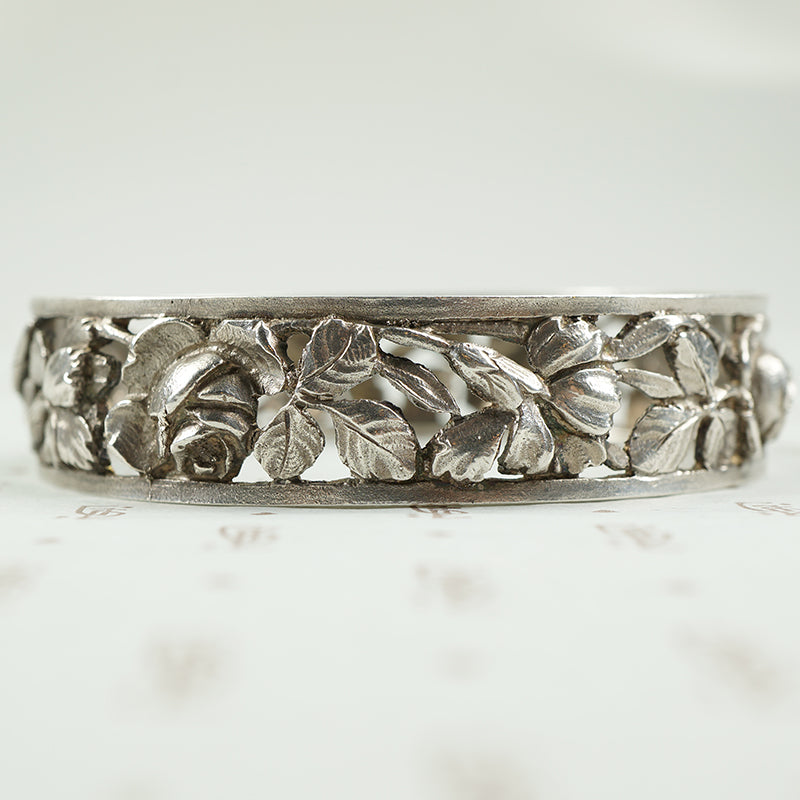 French Silver Hinged Bangle Roses and Iris c1900