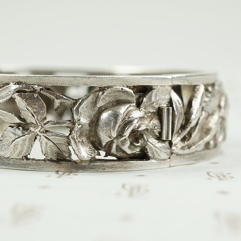 French Silver Hinged Bangle Roses and Iris c1900