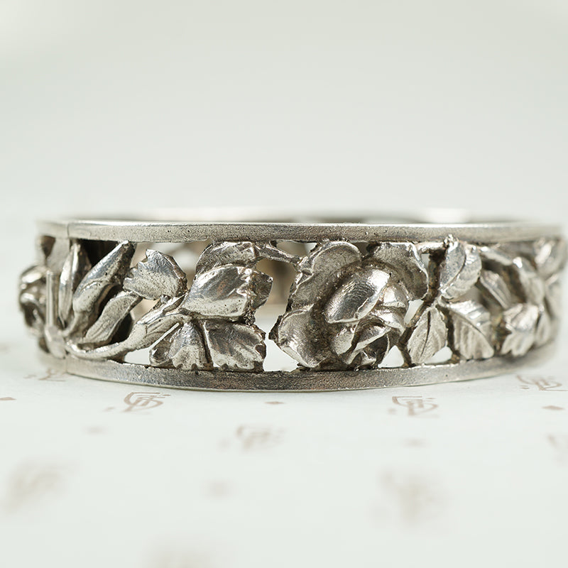 French Silver Hinged Bangle Roses and Iris c1900