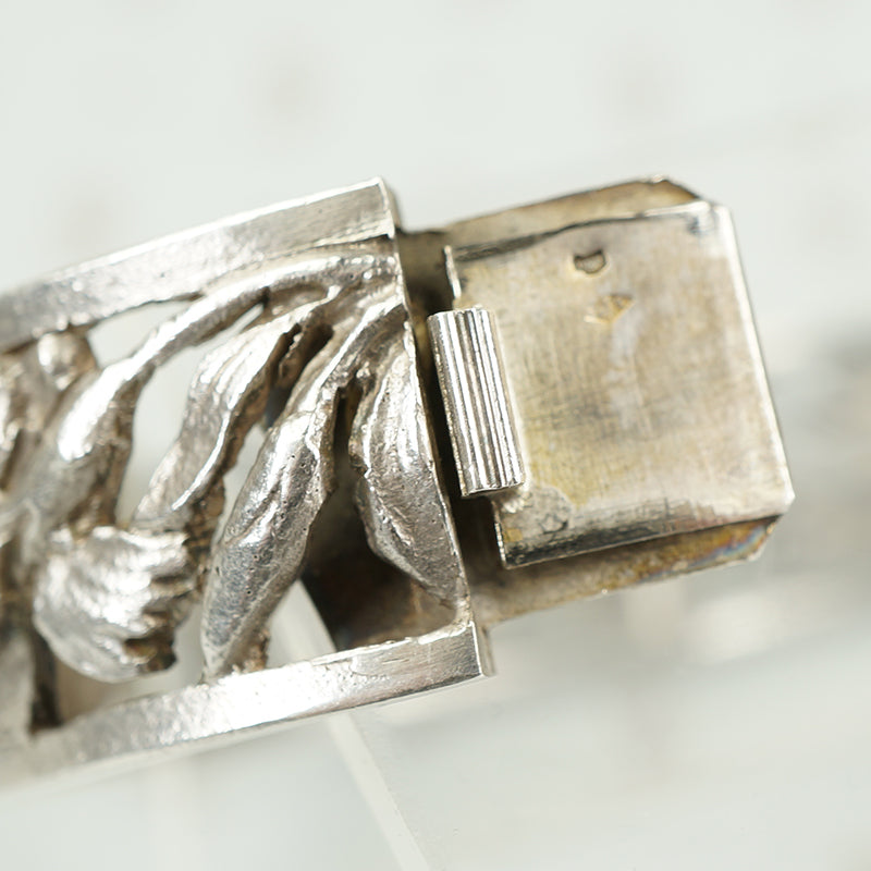 French Silver Hinged Bangle Roses and Iris c1900