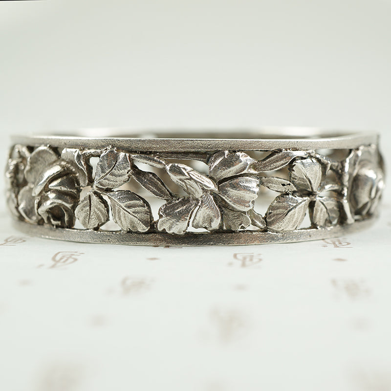 French Silver Hinged Bangle Roses and Iris c1900