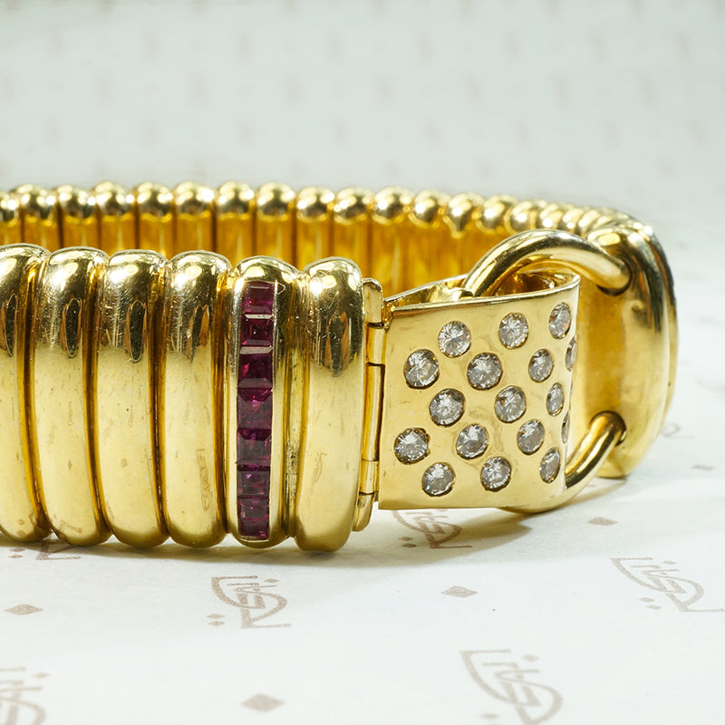 Magnificent 18k Gas Pipe Bracelet with Rubies and Diamonds