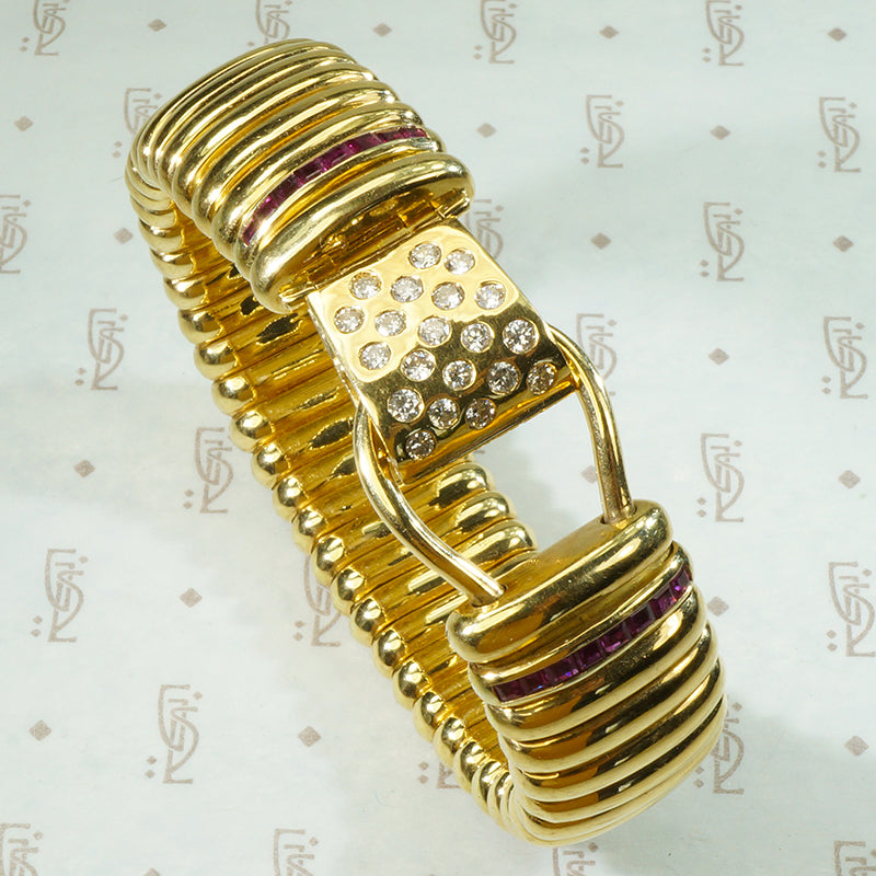 Magnificent 18k Gas Pipe Bracelet with Rubies and Diamonds
