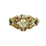 Antique Diamond and Ruby 18k Gold Enameled French Hallmarked ring in Original box