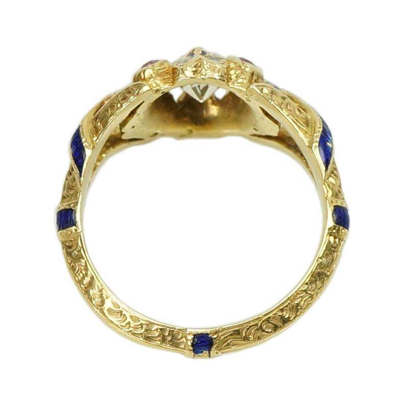 Antique Diamond and Ruby 18k Gold Enameled French Hallmarked ring in Original box