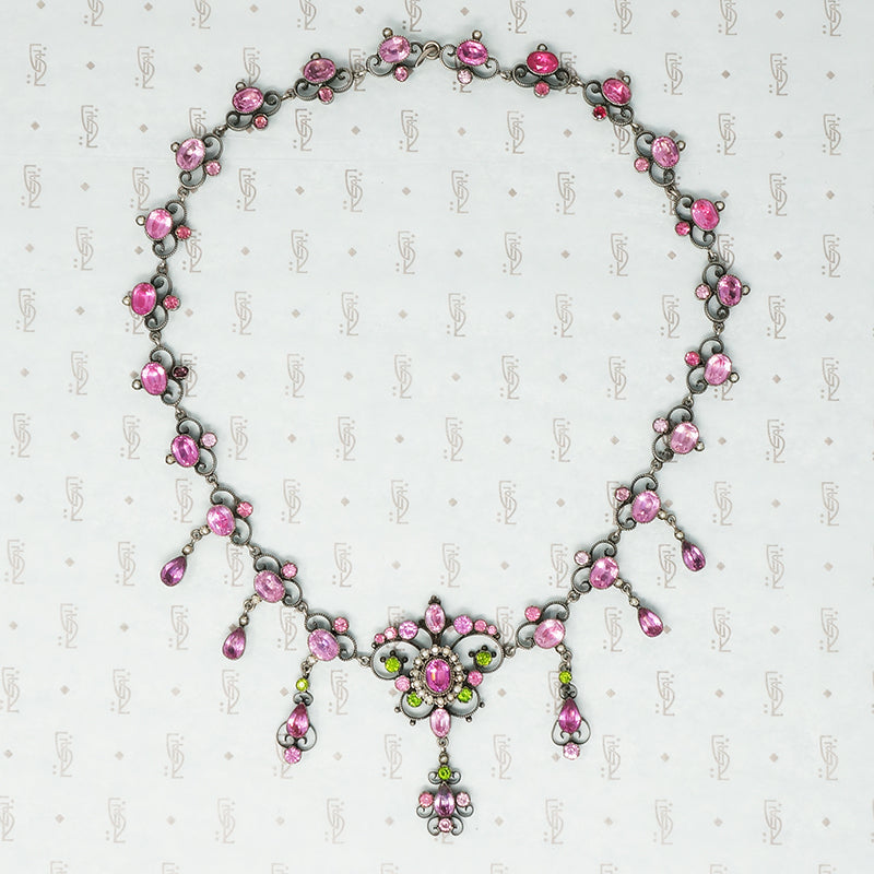 pink and green with pearls french paste necklace