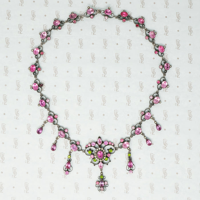 pink and green with pearls french paste necklace