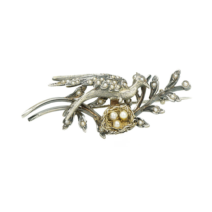 Antique French Silver Brooch - Gem Set Love