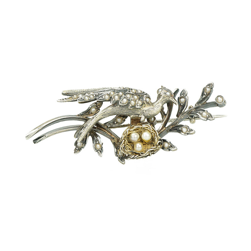 Antique French Silver Brooch - Gem Set Love