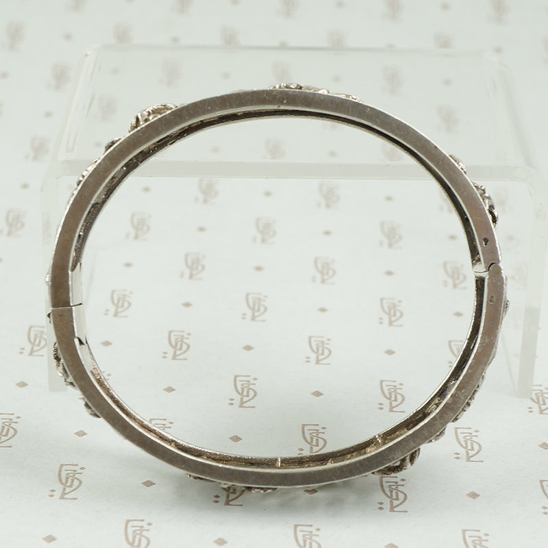 French Silver Hinged Bangle Roses and Iris c1900