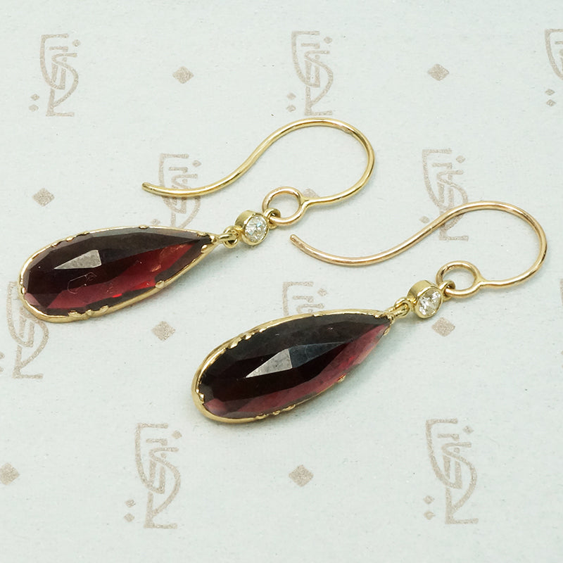 Elegant Hand Crafted Rose Cut Garnet and Diamond Earrings