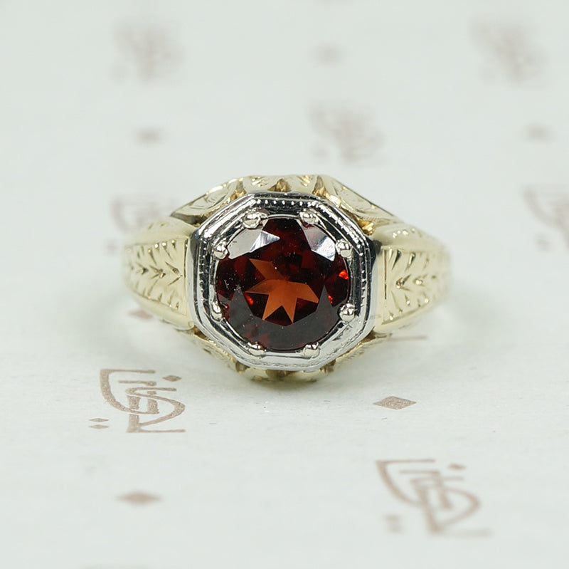 Beautifully Engraved Bold Deco Garnet Ring