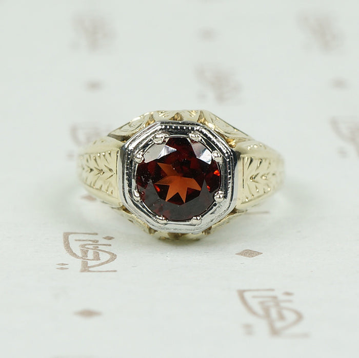 Beautifully Engraved Bold Deco Garnet Ring