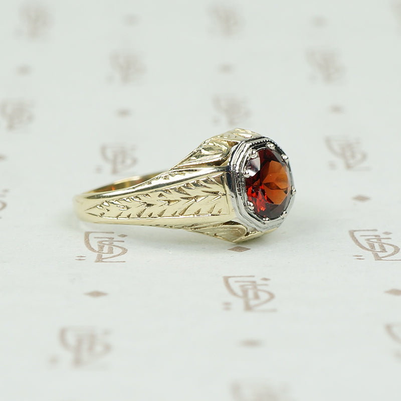 Beautifully Engraved Bold Deco Garnet Ring