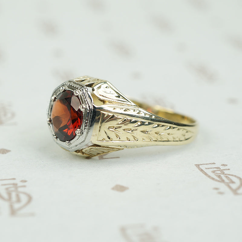 Beautifully Engraved Bold Deco Garnet Ring