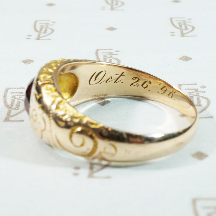 Dream Ring Garnet Set Engraved Gold Gypsy Band 1898