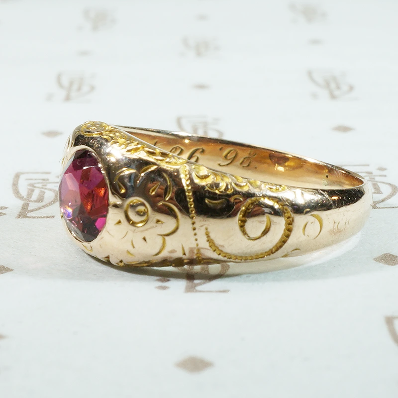 Dream Ring Garnet Set Engraved Gold Gypsy Band 1898