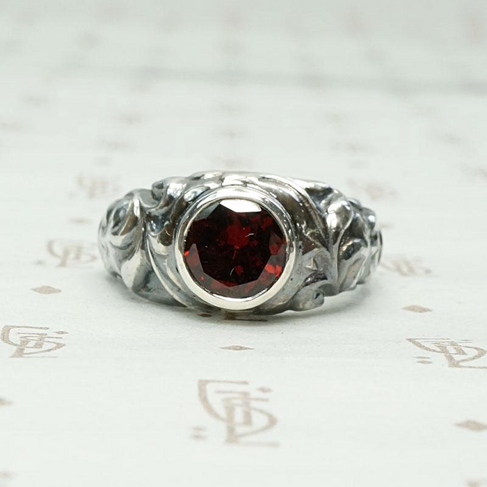 Green Man Ring in Recycled Silver & Garnet