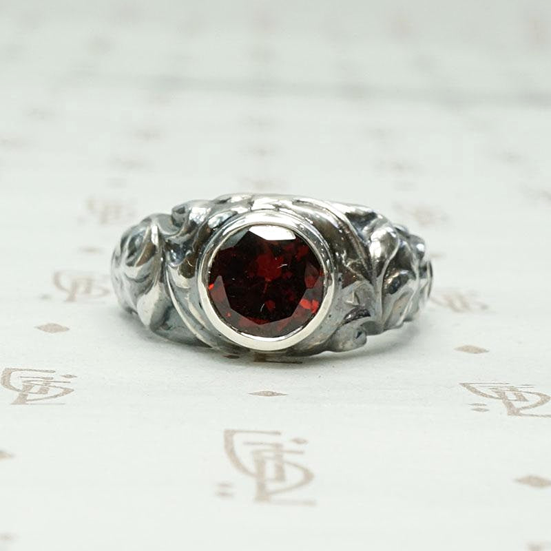 Green Man Ring in Recycled Silver & Garnet