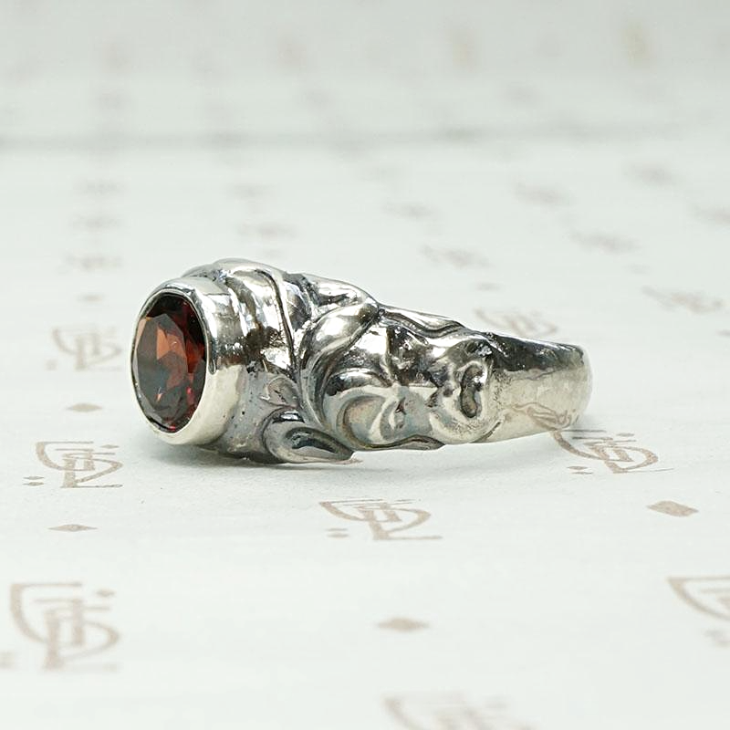 Green Man Ring in Recycled Silver & Garnet