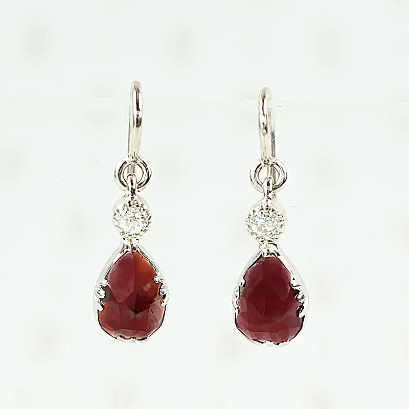 rose cut garnet and diamond earrings in 14k white gold