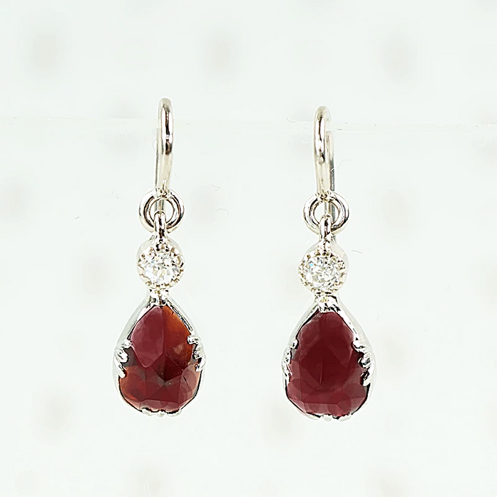 rose cut garnet and diamond earrings in 14k white gold