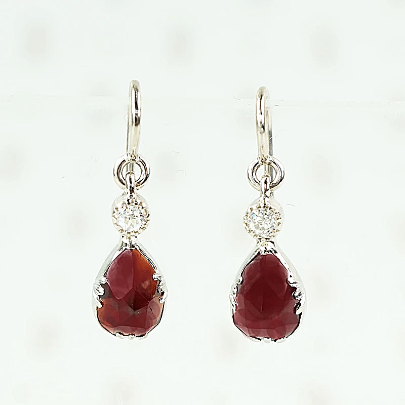rose cut garnet and diamond earrings in 14k white gold