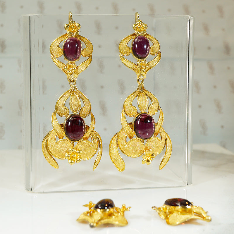 Rare and Stunning High Karat Gold and Garnet Earrings
