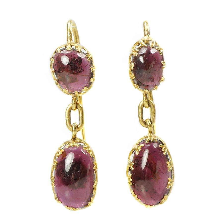 High Karat Gold Victorian Earrings set with Cabachon Garnets