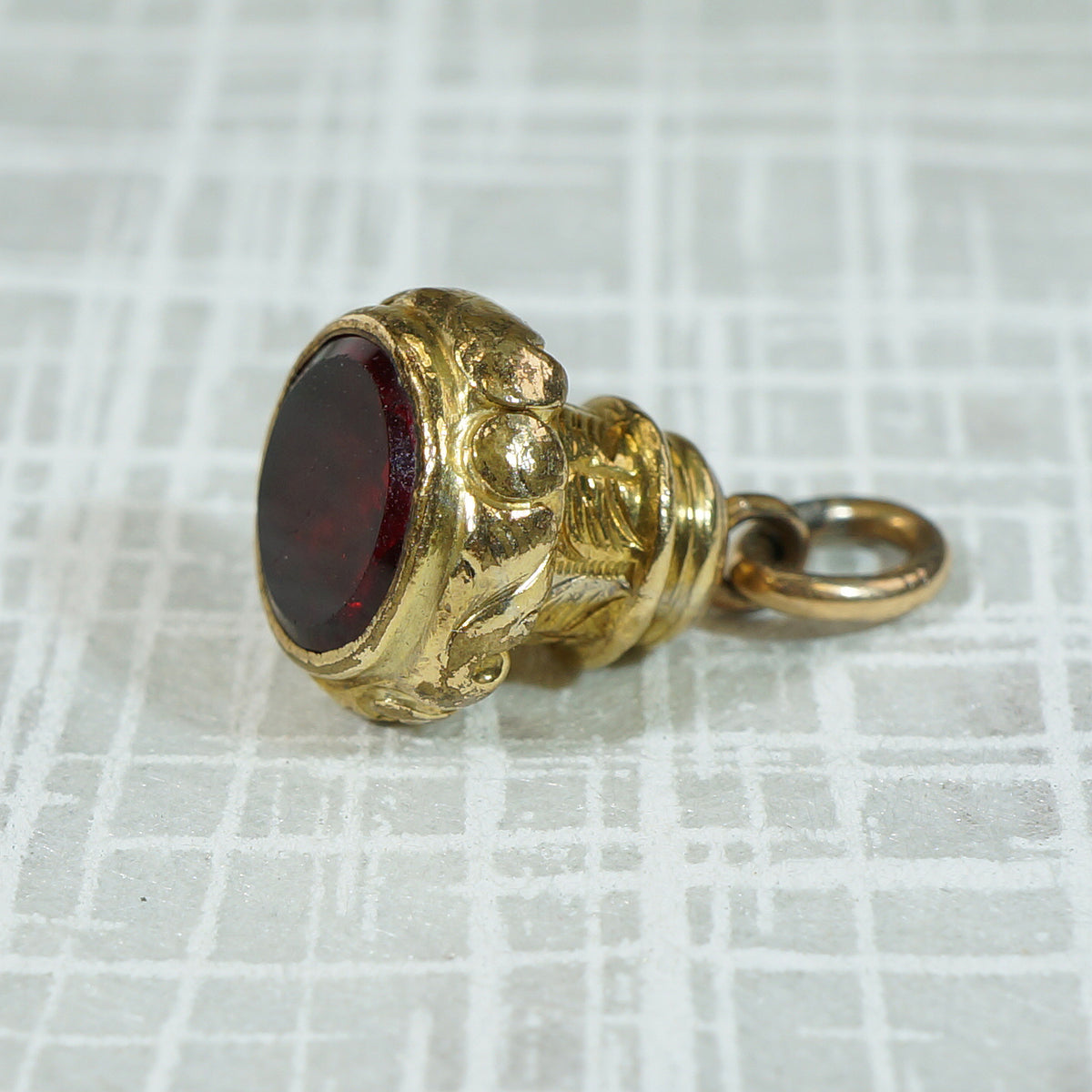 Garnet-Colored Glass and Gold Filled Fob