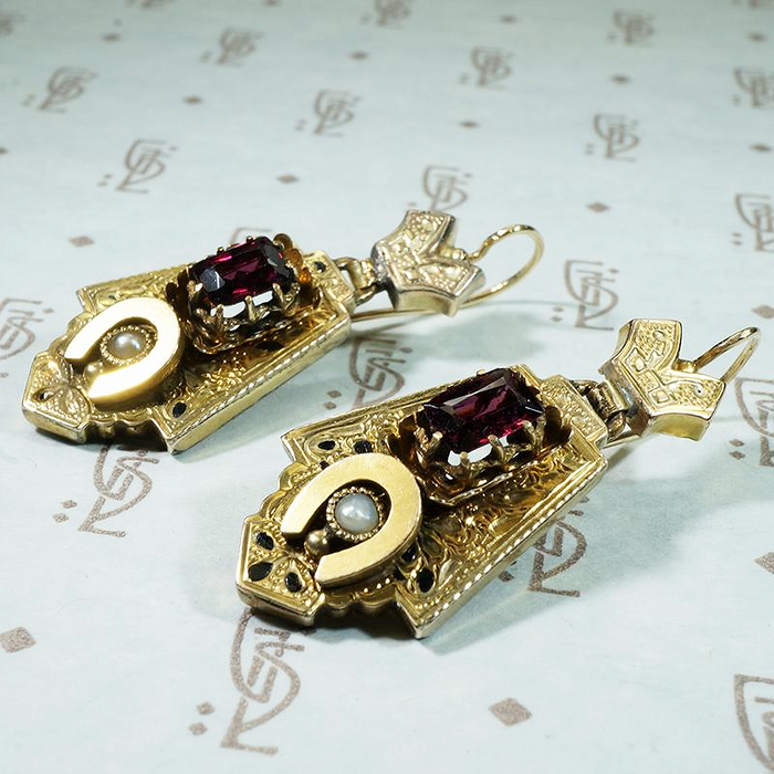 Engraved Victorian Earrings with Gems & Horseshoe Motif