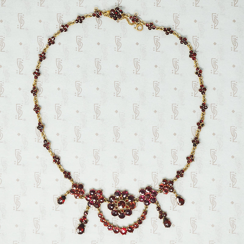 1930's rose cut garnets gold gilded base metal swagnecklace