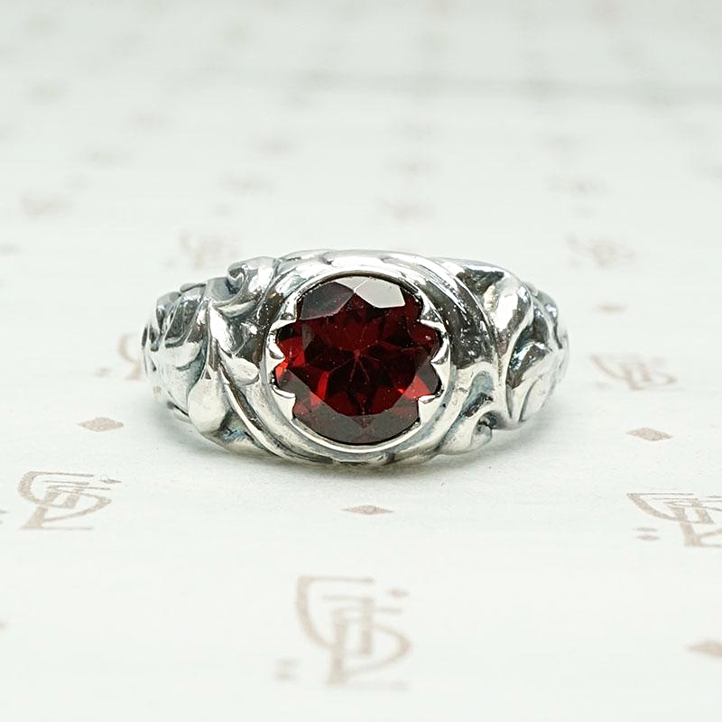 Green Man Recycled Silver & Garnet Ring