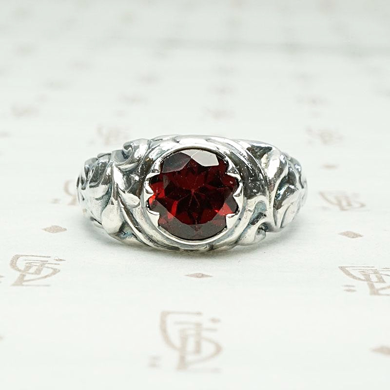 Green Man Recycled Silver & Garnet Ring