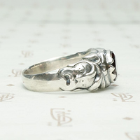 Green Man Recycled Silver & Garnet Ring