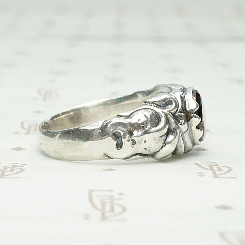 Green Man Recycled Silver & Garnet Ring