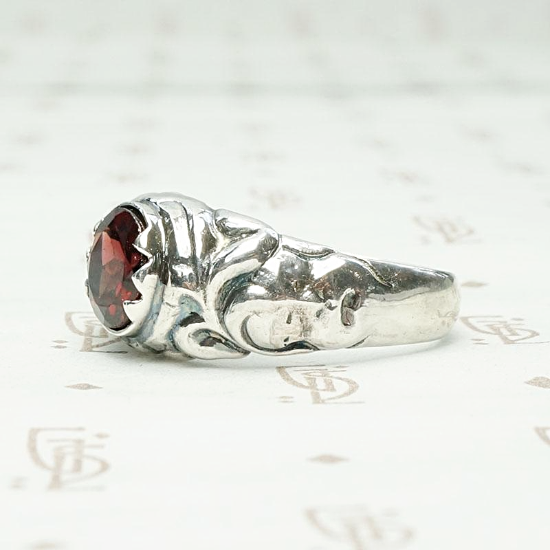 Green Man Recycled Silver & Garnet Ring