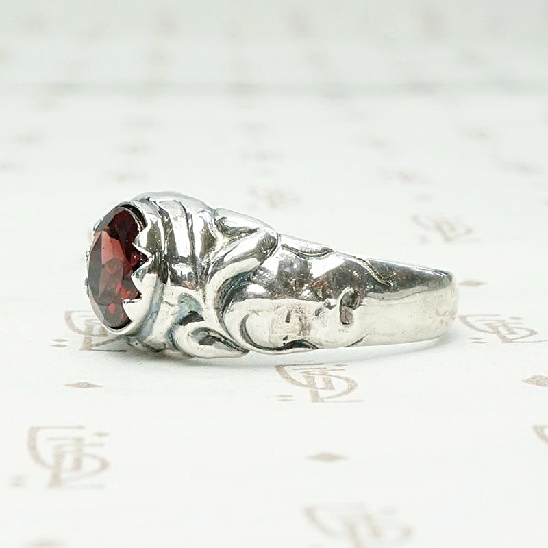 Green Man Recycled Silver & Garnet Ring