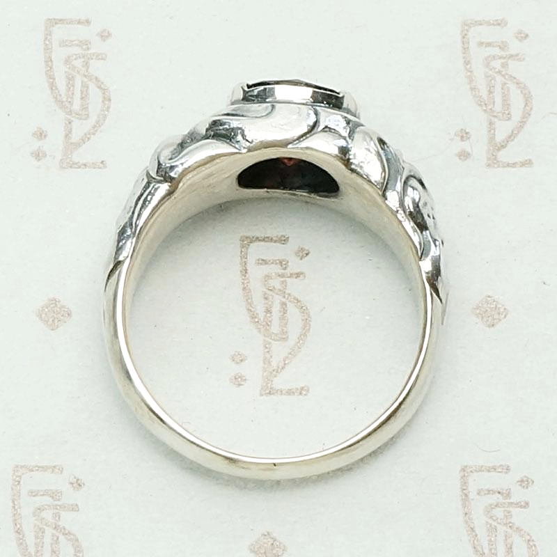 Green Man Recycled Silver & Garnet Ring