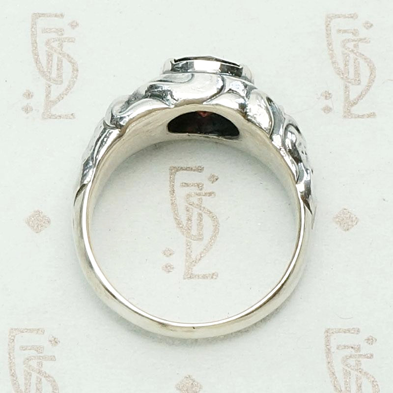 Green Man Recycled Silver & Garnet Ring