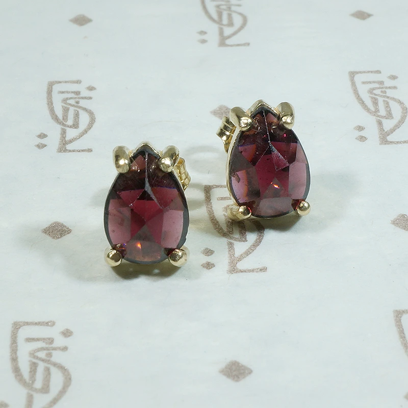 Rose Cut Pear Shaped Garnet and Gold Stud Earrings