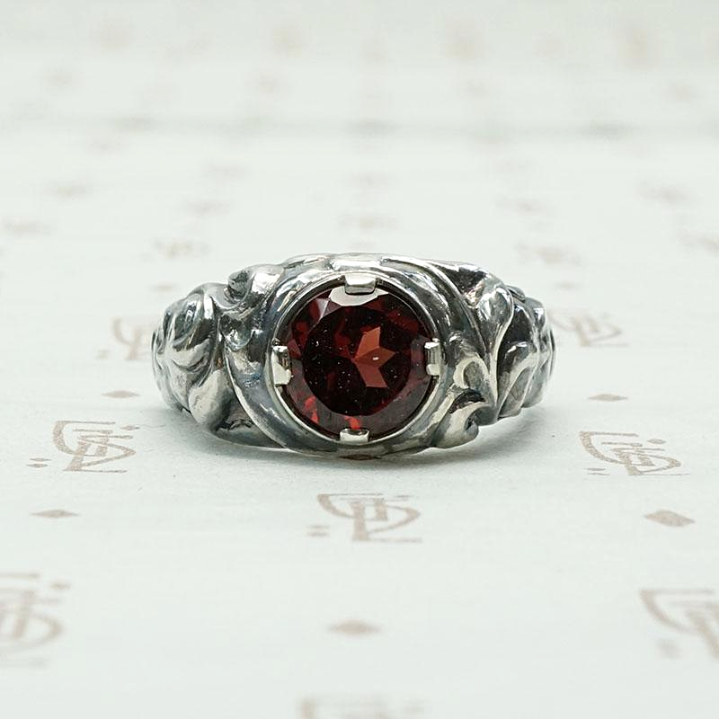 Green Man Garnet Ring in Recycled Silver