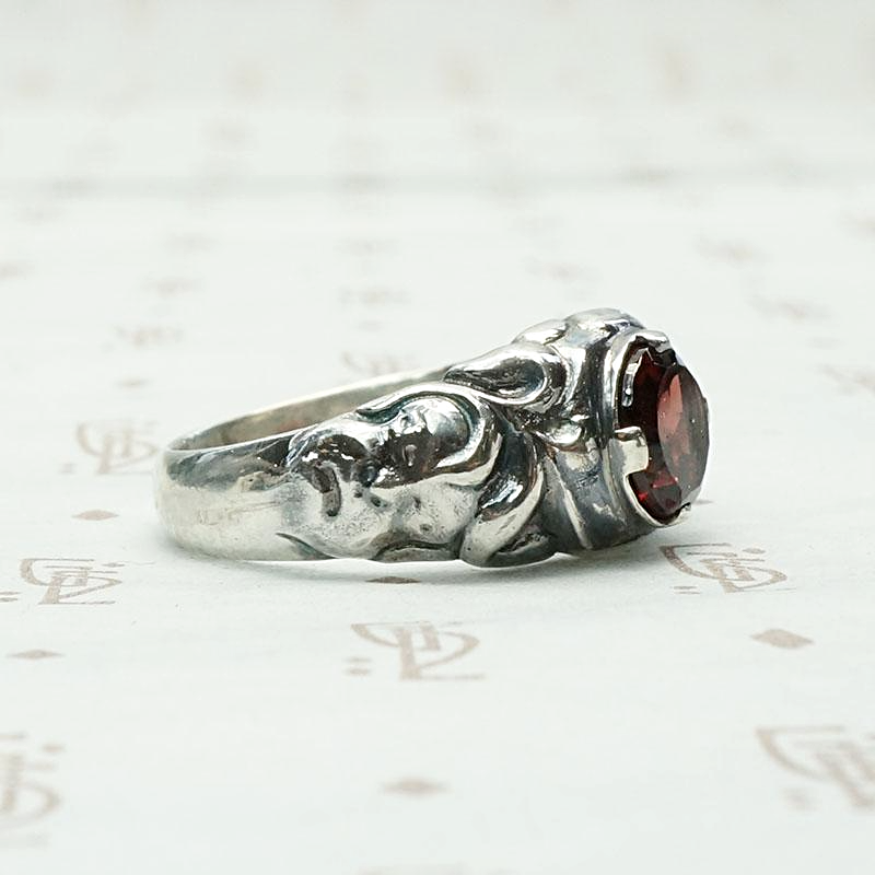 Green Man Garnet Ring in Recycled Silver