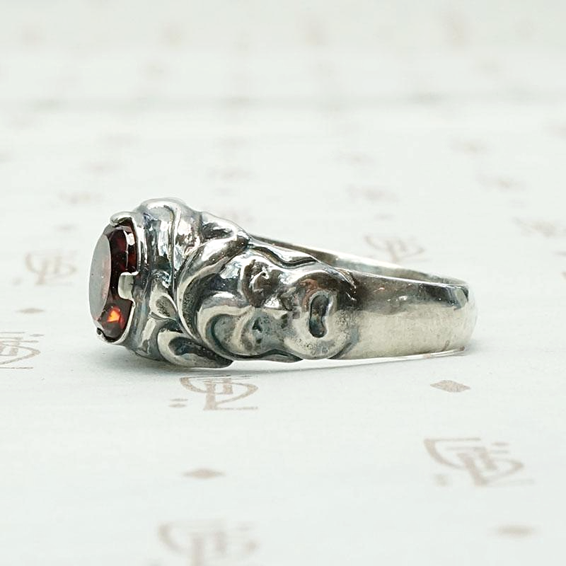 Green Man Garnet Ring in Recycled Silver