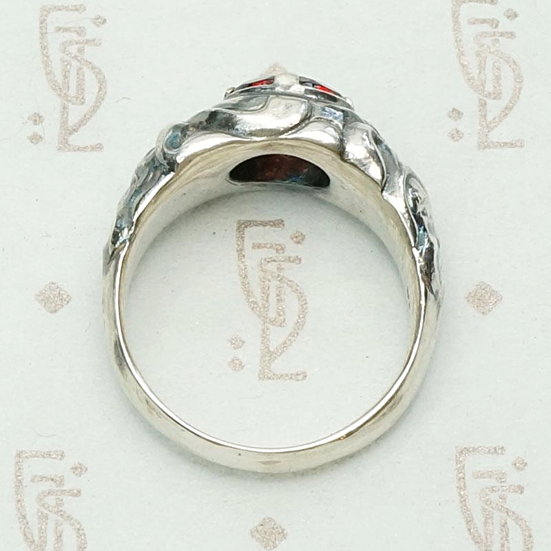 Green Man Garnet Ring in Recycled Silver