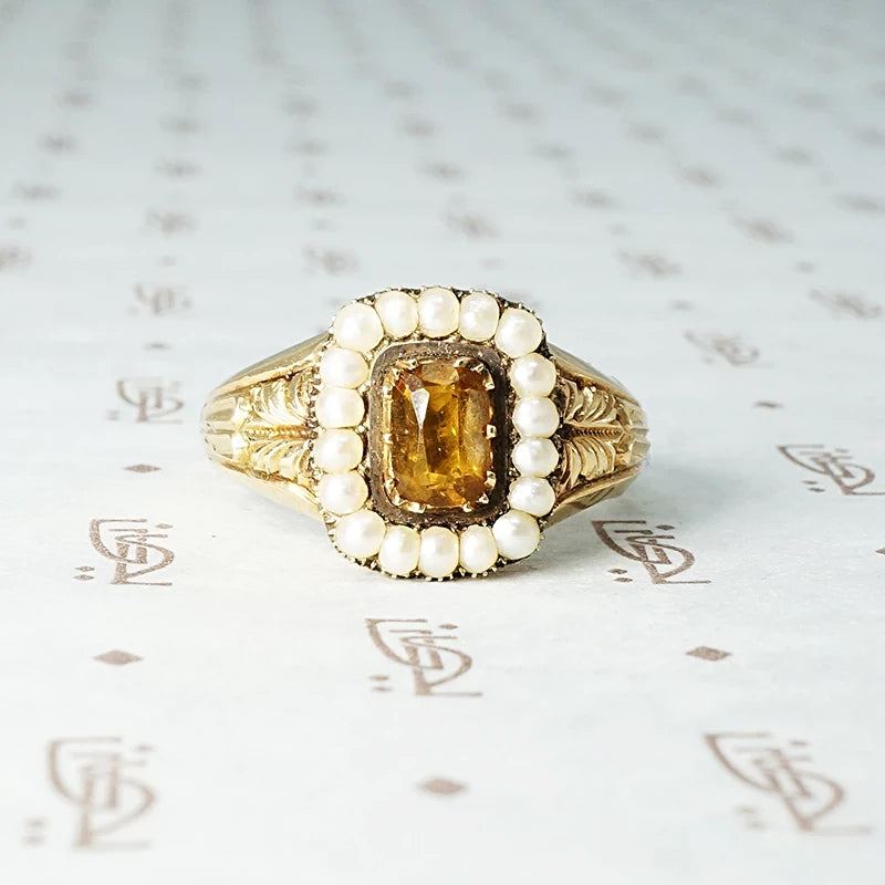 Georgian Golden Citrine and Pearl Ring