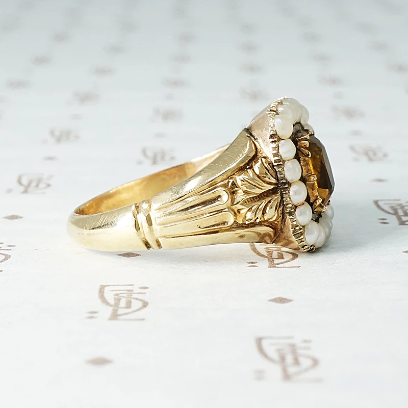 Georgian Golden Citrine and Pearl Ring